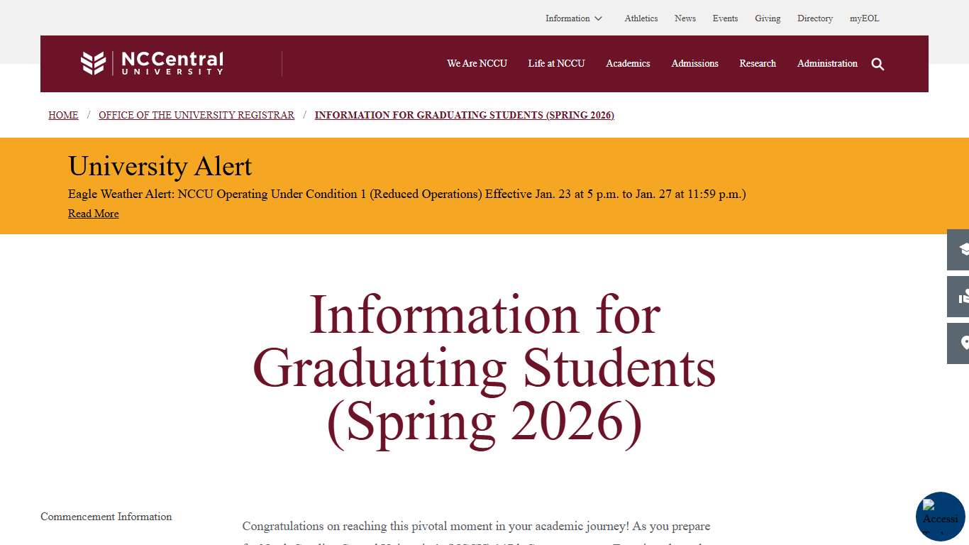 Information for Graduating Students (Spring 2026) North Carolina Central University